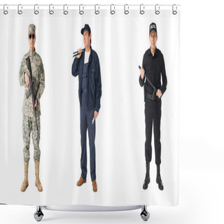Personality  Collage With Male Professions Soldier, Policeman And Plumber Isolated On White Shower Curtains