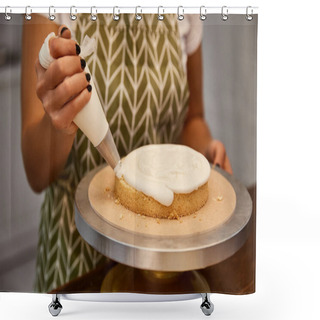 Personality  Cropped View Of Confectioner Putting Cream On Cake Layer Shower Curtains
