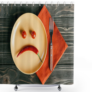 Personality  Sad Smiley Made Of Pepper And Tomatoes On Plate With Fork On Orange Napkin Shower Curtains