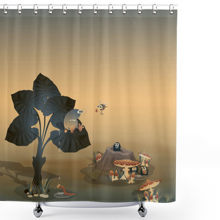 Personality  Green Tropical Plant With Large Leaves, Mushrooms And Insects. Morning After Rain In The Forest. Vector Illustration. Shower Curtains