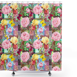 Personality  Flowers, Butterflies And Golden Indian Ornament. Watercolor Seamless Pattern Shower Curtains