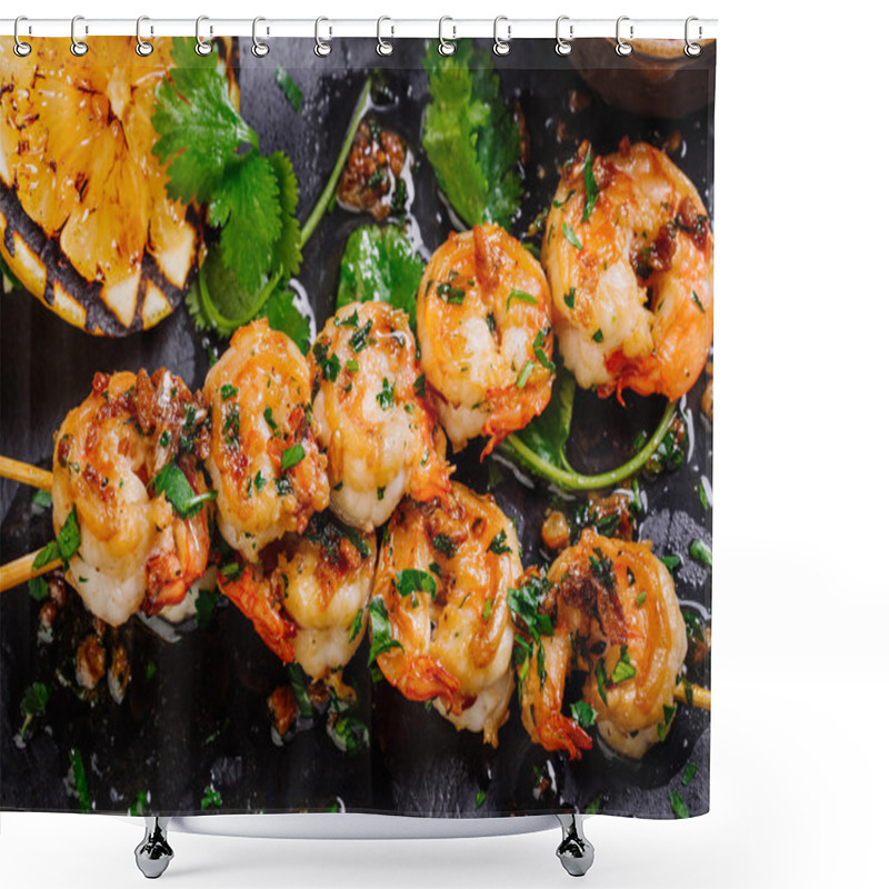 Personality  roasted shrimps on skewers with sauce and lemon shower curtains