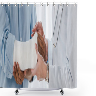 Personality  Panoramic Shot Of Doctor Touching Broken Arm Of Man In Clinic  Shower Curtains