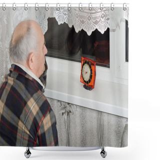 Personality  Senior Man Sitting Waiting At Night With A Clock Shower Curtains