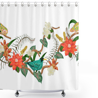 Personality  Seamless Border With Tropical Bird, Chameleon, Plants And Flowers. Exotic Flora And Fauna. Vector Illustration In Watercolor Style  Shower Curtains