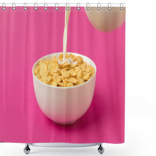 Personality  Close-up View Of Milk Pouring Into Bowl With Corn Flakes Isolated On Pink Shower Curtains