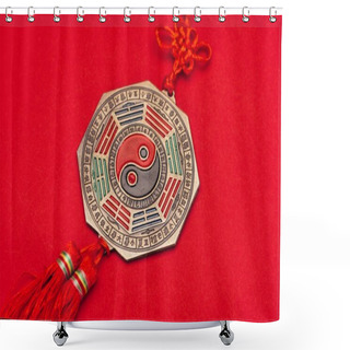Personality  Close-up Shot Of Chinese Yin And Yang Talisman On Red Surface Shower Curtains