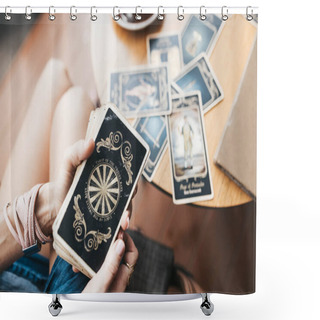 Personality  Woman Is Reading Tarot Cards On The Table In Cafe Shower Curtains