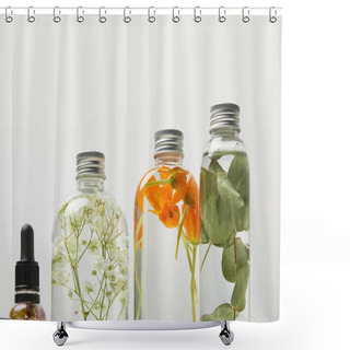 Personality  Organic Beauty Products In Transparent Bottles With Herbs, Leaves And Wildflowers Isolated On Grey  Shower Curtains