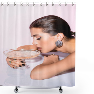 Personality  Brunette Woman Drinking Champagne From Glass On White Shower Curtains