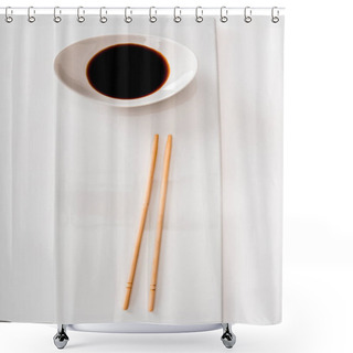 Personality  Top View Of Plate With Soy Sauce And Chopsticks On White Slate Isolated On White Shower Curtains