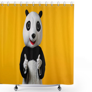 Personality  Person In Happy Panda Bear Costume Showing Thumbs Up Isolated On Yellow  Shower Curtains