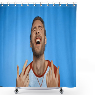 Personality  Young Bearded Man With Closed Eyes Gesturing While Laughing On Blue  Shower Curtains