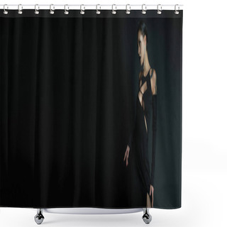 Personality  Gothic Beauty, Tattooed Woman In Sexy Halloween Dress And Dark Makeup On Black Backdrop, Banner Shower Curtains