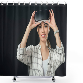 Personality  Smiling Woman Using Virtual Reality Headset, Isolated On Black Shower Curtains