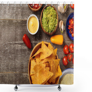 Personality  Top View Of Mexican Nachos Served With Guacamole, Cheese Sauce And Salsa On Wooden Table Shower Curtains