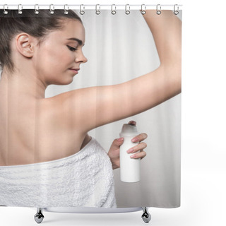 Personality  Young Woman Applying Deodorant On Underarm Isolated On Grey Shower Curtains