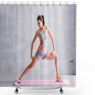 Personality  Sportswoman Stretching On Fitness Mat On Grey Background Shower Curtains