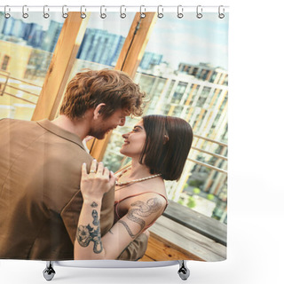 Personality  A Man And Woman Are Standing Side By Side, Embodying Unity, Connection, And Partnership In Their Presence Shower Curtains
