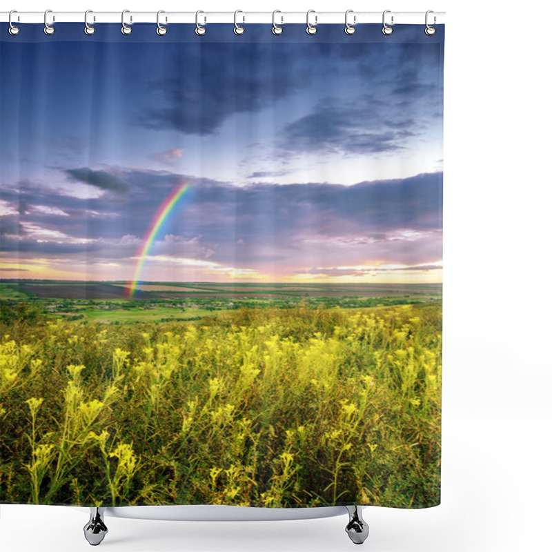 Personality  Beautiful Spring Or Summer  Landscape With Flowers, Cloudy Sky A Shower Curtains