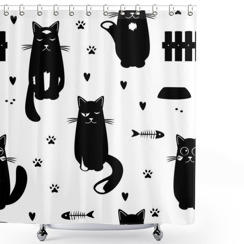 Personality  Vector Seamless Pattern With Black Cats, Fish Skeletons, Hearts, And Paw Prints. Cartoon Hand Drawn Design For Children. Shower Curtains