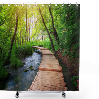 Personality  Beautiful Wooden Path Trail For Nature Trekking With Lakes And Waterfall Landscape In Plitvice Lakes National Park, UNESCO Natural World Heritage And Famous Travel Destination Of Croatia. Shower Curtains