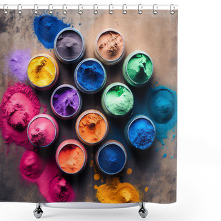 Personality  Colorful Holi Colors In Bowls. Colorful Holi Powder Blowing Up. Holi Festival And Celebration. Top View On Multicolored Holi Powder. Shower Curtains
