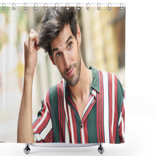 Personality  Attractive Young Man With Dark Hair And Modern Hairstyle Wearing Casual Clothes Outdoors Shower Curtains