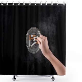 Personality  Partial View Of Smoking Woman Puts Out Cigarette In Ashtray Isolated On Black Shower Curtains