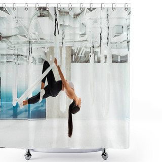 Personality  Attractive Girl Practicing Antigravity Yoga In Inversion Position In Studio Shower Curtains