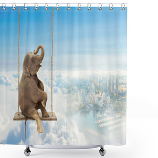 Personality  Close Up Of An Elephant Sitting On A Swing Above A City. Concept Of  Freedom And Happiness. Shower Curtains