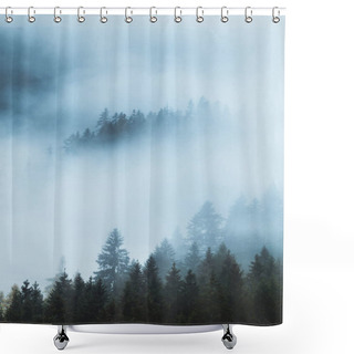 Personality  Forested Mountain Slope In Low Lying Cloud With The Evergreen Conifers Shrouded In Mist In A Scenic Landscape View. Mystic Moody And Foggy Morning Shower Curtains