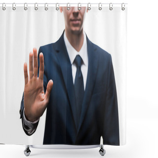 Personality  Selective Focus Of Businessman In Suit Showing Stop Gesture Isolated On White  Shower Curtains