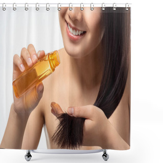 Personality  Cropped Shot Of Smiling Woman Pouring Oil On Split Ends Isolated On White Shower Curtains