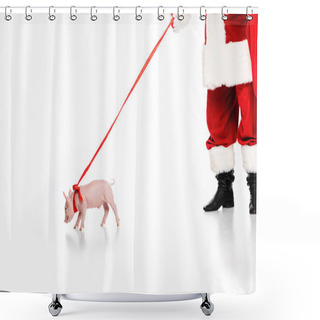 Personality  Cropped Shot Of Santa Claus With Leashed Piggy Isolated On White Shower Curtains