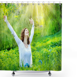 Personality  Beautiful Young Woman Outdoors. Enjoy Nature Shower Curtains