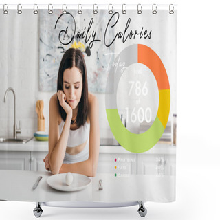 Personality  Pensive Sportswoman Looking At Egg On Kitchen Table Near Daily Calories Illustration Shower Curtains