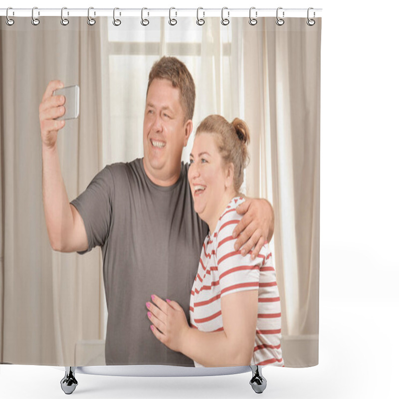 Personality  Overweight Couple Taking Selfie At Home Shower Curtains