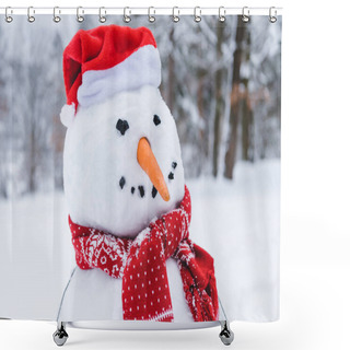 Personality  Close-up View Of Funny Snowman In Scarf And Santa Hat In Winter Park Shower Curtains