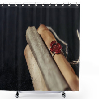 Personality  Close Up View Of Rolled Manuscripts With Wax Seal On Black Background Shower Curtains