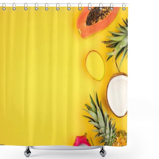 Personality  Tropical Fruit Side Border With Pineapple, Dragon Fruit, Papaya, Coconut And Mango On A Bright Yellow Background Shower Curtains