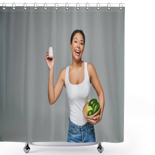Personality  Happy African American Dietitian With Green Fruits And Supplements Showcasing Healthy Lifestyle Shower Curtains