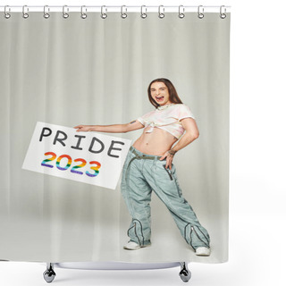 Personality  Cheerful Young Gay Man With Tattoo, Long Hair And Open Mouth Standing In Denim Jeans And Tied Knot On T-shirt Showing His Belly While Holding Pride 2023 Placard On Grey Background  Shower Curtains