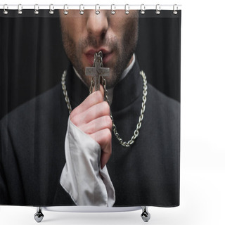Personality  Cropped View Of Catholic Priest Kissing Silver Cross On His Necklace Isolated On Black Shower Curtains