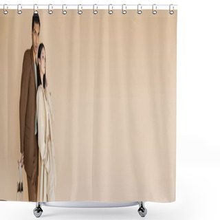 Personality  African American Man With Shopping Bags Looking At Camera Near Stylish Asian Woman With Hand In Pocket Isolated On Beige, Banner Shower Curtains