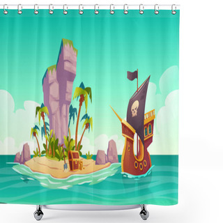 Personality  Tropical Island, Treasure Chest And Pirate Ship Shower Curtains