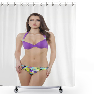 Personality  Beautiful Girl Posing In Stylish Detailed Purple And Colorful Bikini On White Background. Shower Curtains