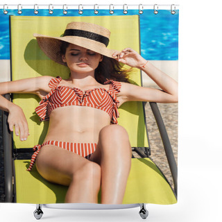 Personality  Beautiful Young Woman In Straw Hat And Bikini Relaxing On Sun Lounger At Poolside Shower Curtains