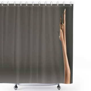 Personality  Banner Of Fishnet Tights On Woman With Crossed Legs Posing In Golden Footwear On Grey Background Shower Curtains