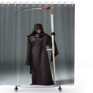 Personality  Full Length View Of Woman In Death Costume Holding Scythe On Grey Shower Curtains